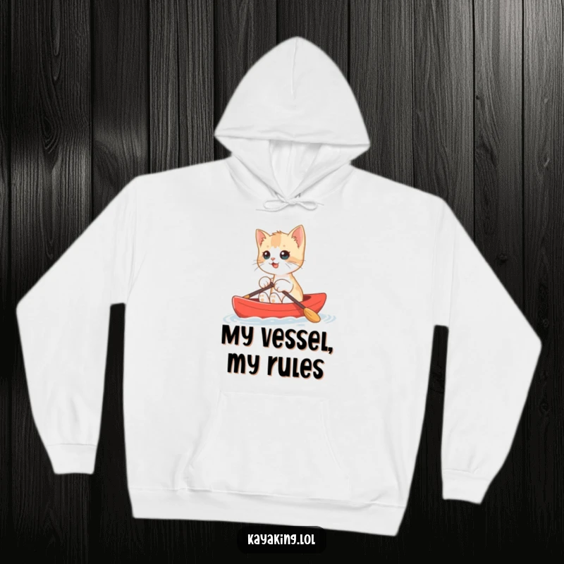 Funny Kitten Kayak Hoodie featuring a determined kitten navigating a tiny red kayak, perfect for cozy, humorous wear.