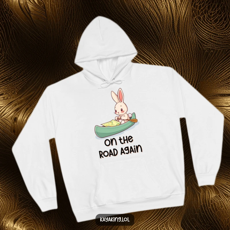 Funny Hoodie, a bunny studying a map while in a kayak, designed for comfort and the adventurous spirit.