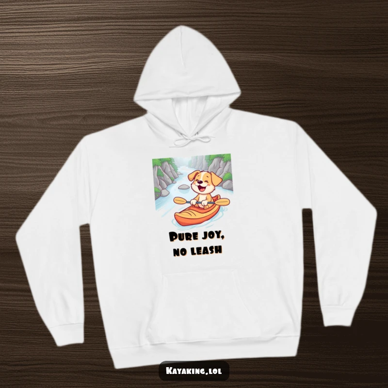 Funny hoodie with a surprised puppy giggling gleefully while paddling a kayak down a winding river, offering comfort and humor.