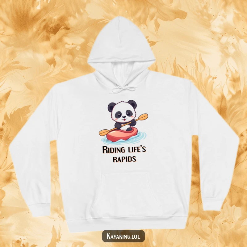 Funny panda kayaking hoodie shows a determined panda confidently paddling a kayak, embodying resilience and humor.