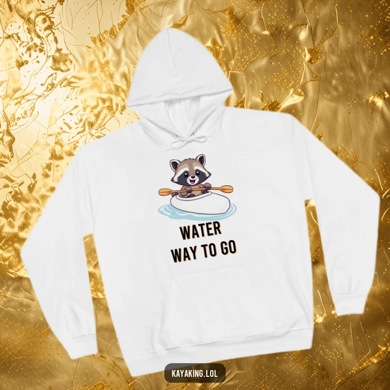 Funny raccoon steering a kayak in a cozy hoodie, paw on the paddle, radiating joy and an adventurous spirit, ideal for chilly days.