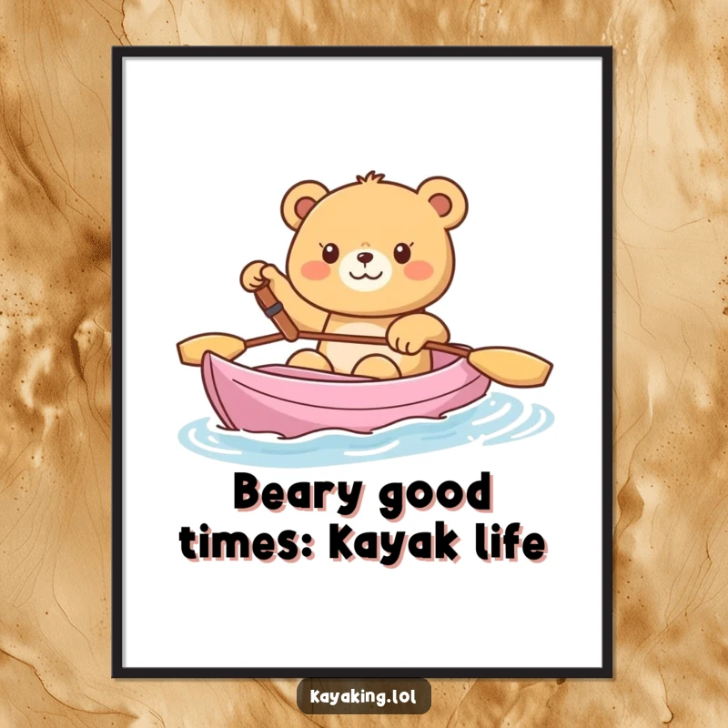 Funny Free Printable Wall Art: A cheerful bear sits contentedly in its kayak, offering a friendly and happy wave.