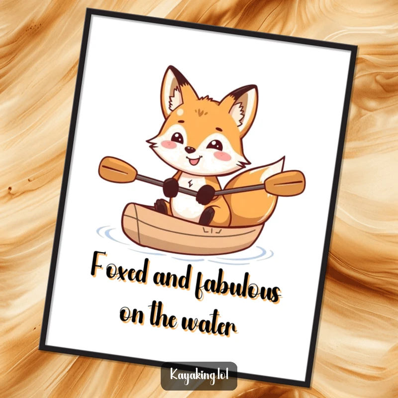 Funny Free Printable Wall Art: Grinning fox with sparkling eyes in a kayak, a witty and clever downloadable piece.