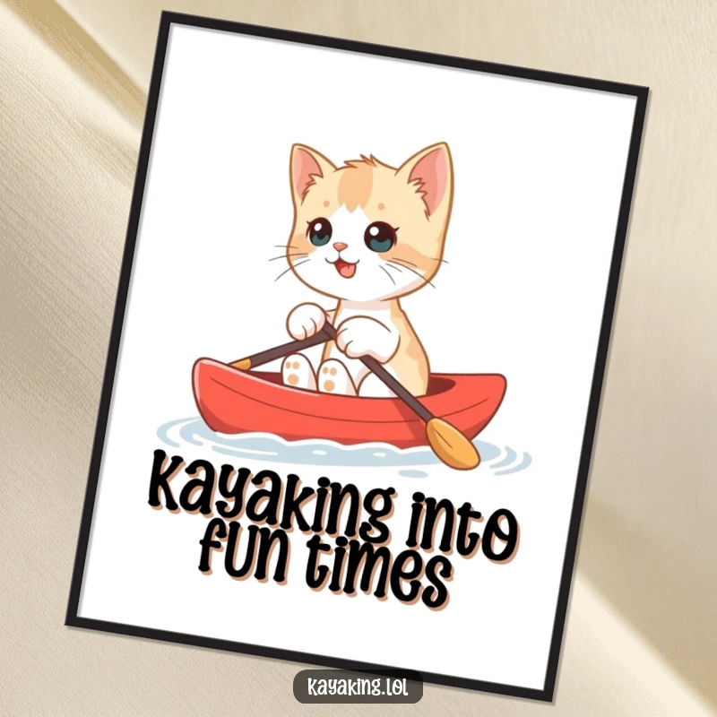 Funny Free Printable Wall Art: A charming kitten confidently kayaking in a bright red miniature boat, bringing smiles.
