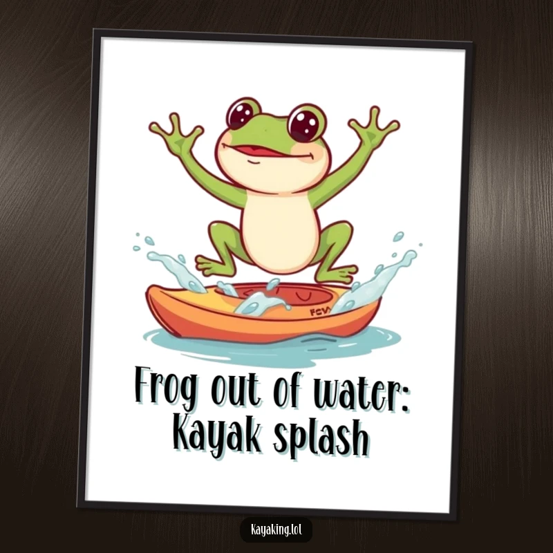 Funny Free Printable Wall Art: A frog executes a spectacular jump, landing with a big splash into an empty kayak.