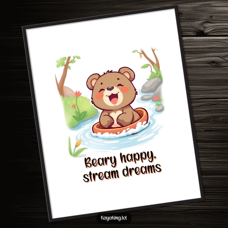 Funny Free Printable Wall Art featuring a joyful bear cub laughing heartily as it glides down a stream, bringing cheer to your walls.