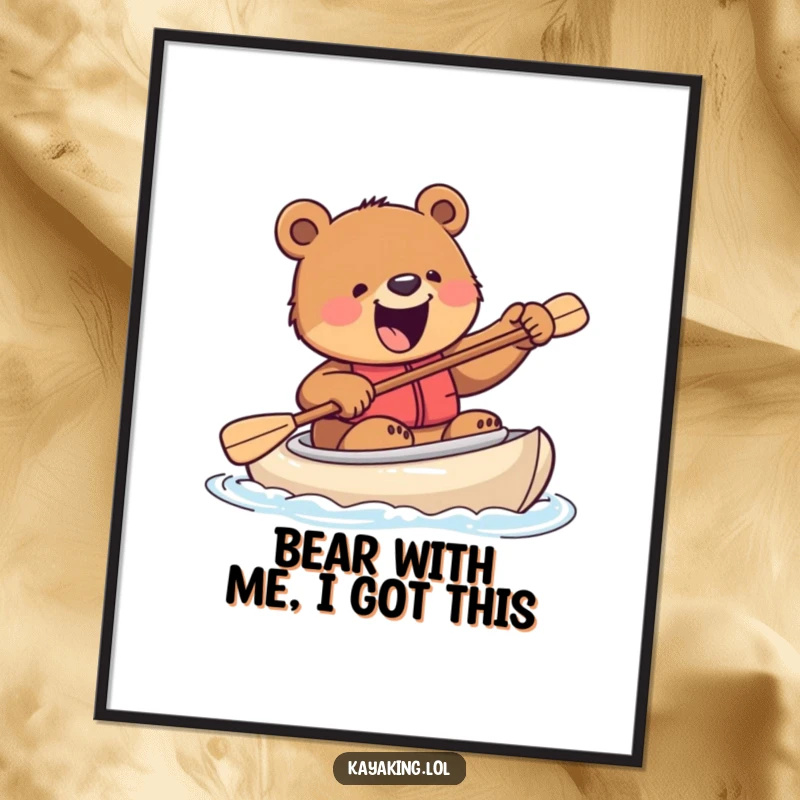 Funny Free Printable Wall Art: An excited bear attempts to steer a kayak with a paddle, full of wilderness spirit.