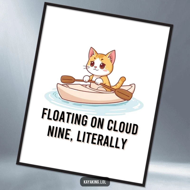 Funny Free Printable Wall Art: Curious cat peacefully kayaking through calm waters, a humorous downloadable home decor print.