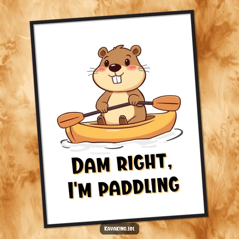 Funny free printable wall art of a determined beaver paddling a small kayak with infectious enthusiasm.