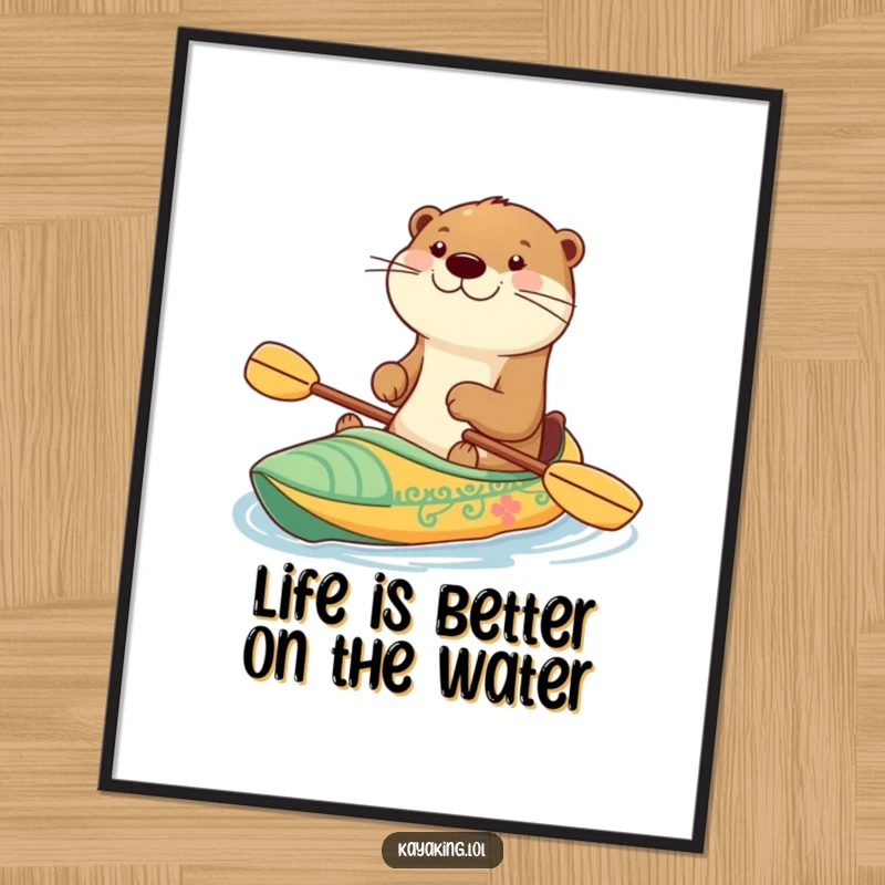 Funny Free Printable Wall Art: A happy otter with a big grin paddles a decorated kayak, bringing aquatic fun.