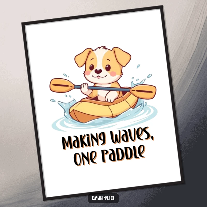 Funny Free Printable Wall Art: Playful puppy gleefully splashing water from a kayak, a humorous downloadable decor print.