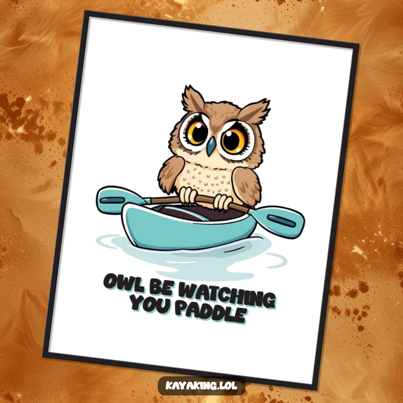 Funny Free Printable Wall Art: A startled owl looking shocked as its kayak begins to tip over.