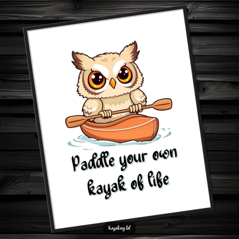 Funny Free Printable Wall Art: A startled owl nearly tips its kayak, wide-eyed and comical, perfect downloadable decor.