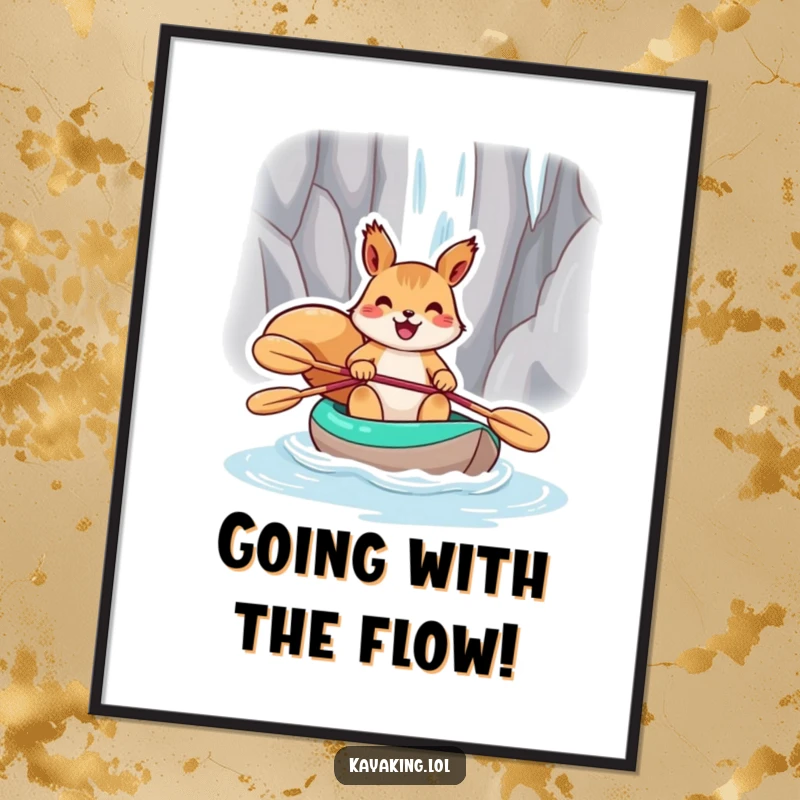 Funny Free Printable Wall Art: A joyful squirrel with determination paddles its kayak towards a massive waterfall.