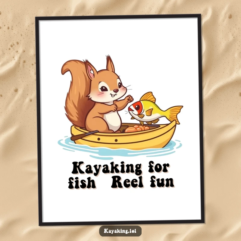 Funny Free Printable Wall Art: A comical squirrel teeters in a kayak, attempting to reel in a colorful fish.
