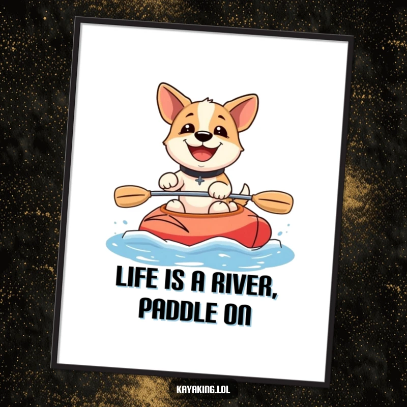 Funny Free Printable Wall Art: A dog with an enormous smile joyfully paddles a kayak, radiating pure happiness.