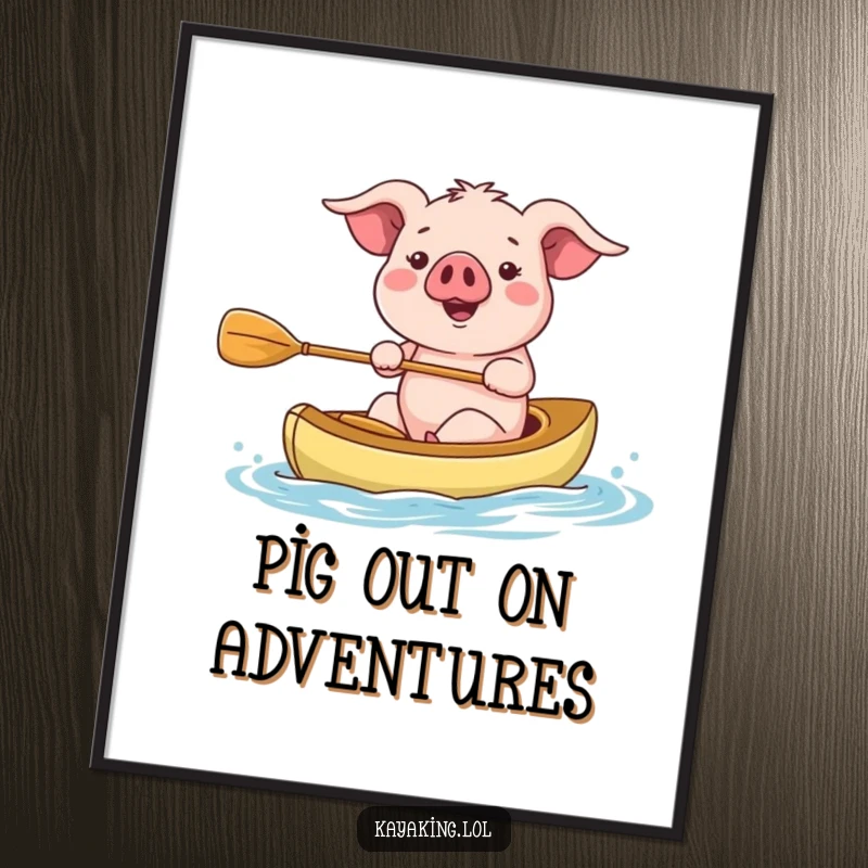 Funny Free Printable Wall Art: A happy pig humorously paddling a small kayak, a delightful scene.