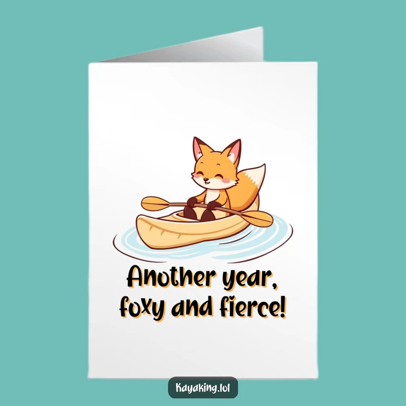 Free Printable Birthday Card: Smiling Fox Kayaking Funny Downloadable Greeting Gift