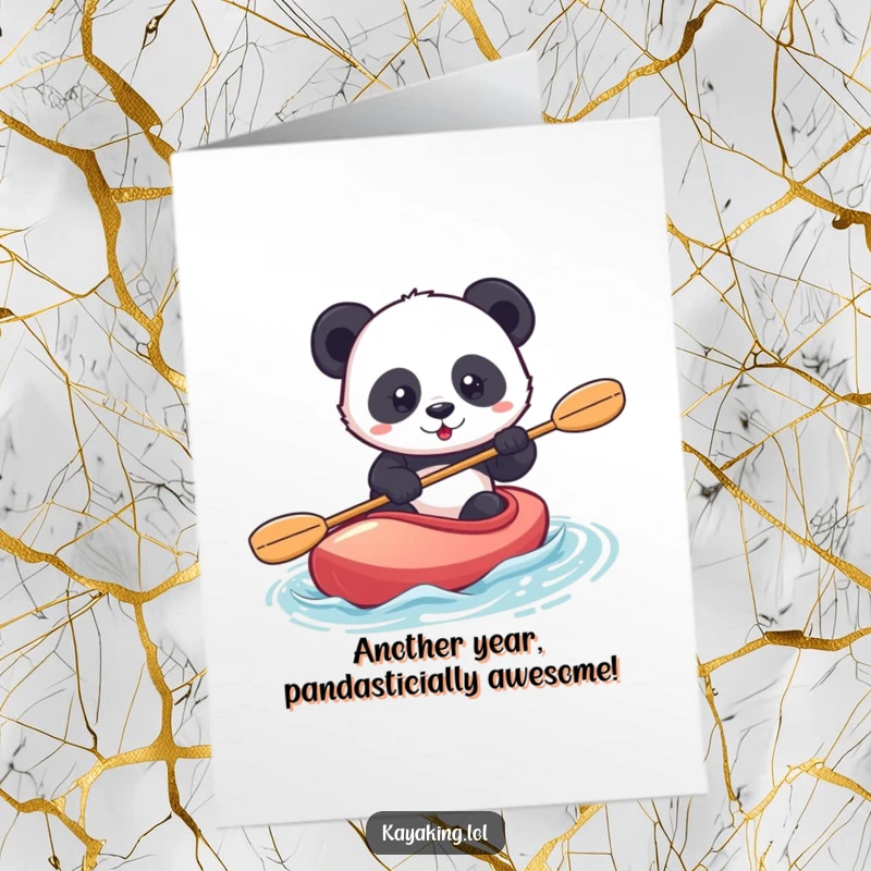 Funny Free Printable Birthday Card: A confident panda paddles a kayak with determination, ready to celebrate your birthday.