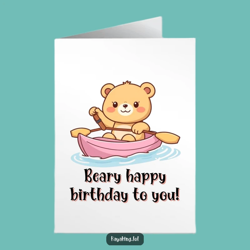 Free Printable Birthday Card: Happy Bear Kayaking Wave Funny Downloadable