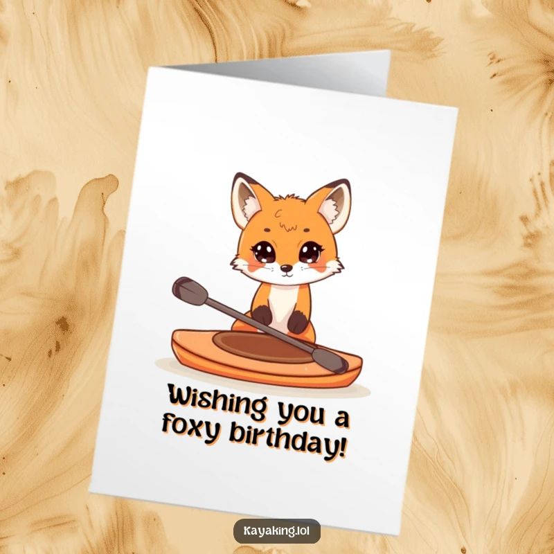 Funny Free Printable Birthday Card: A curious fox peers over the edge of a small kayak.