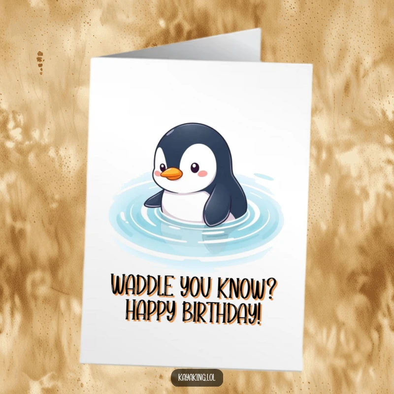 Funny Free Printable Birthday Card: Curious penguin character gliding smoothly through calm water, looking around with gentle interest.