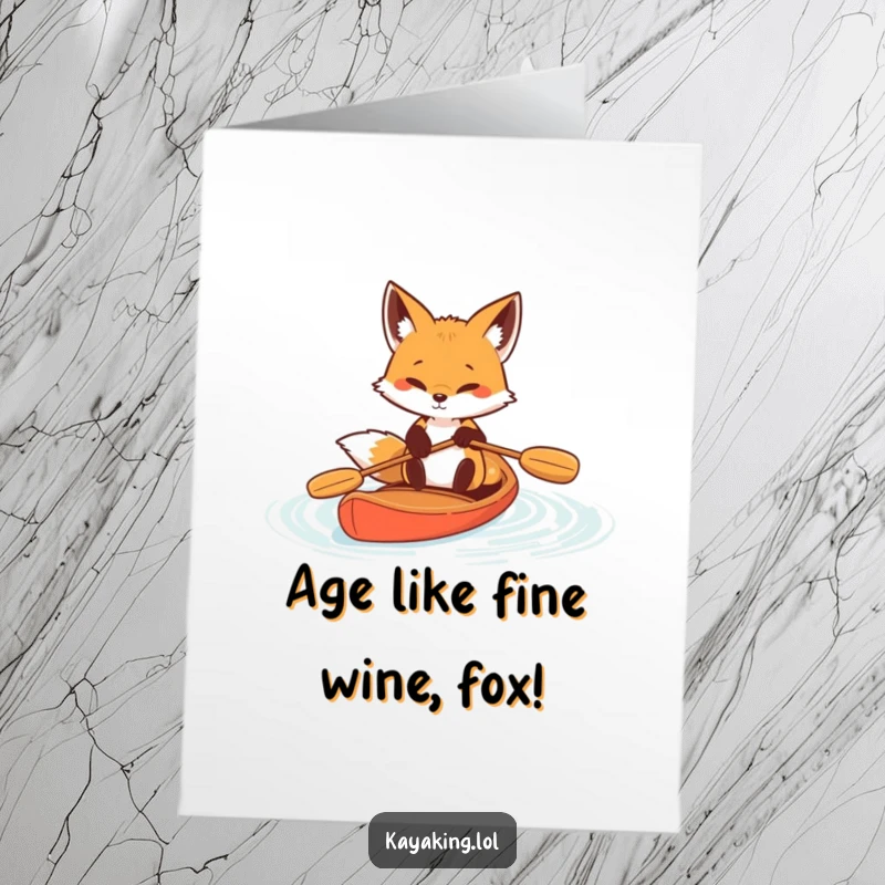 Funny Free Printable Birthday Card: A determined fox paddling hard in a kayak, focused expression, celebrating achievement, DIY.