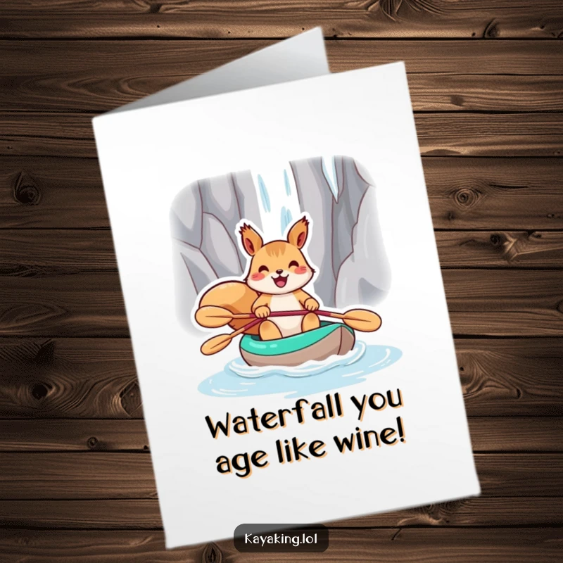 Funny Free Printable Birthday Card: A joyful squirrel intensely paddles its kayak towards a massive, roaring waterfall.