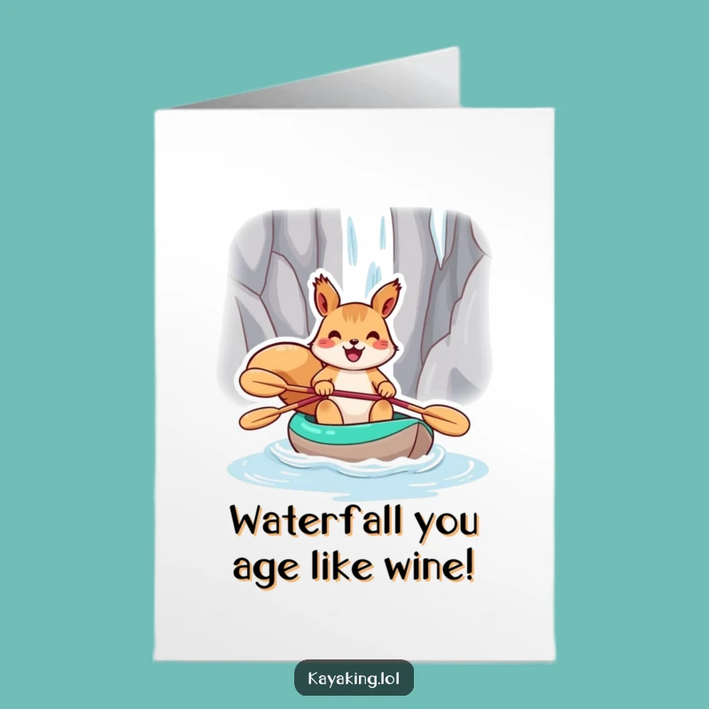 Free Printable Birthday Card: Joyful Squirrel Kayaking a Hilarious Waterfall Adventure