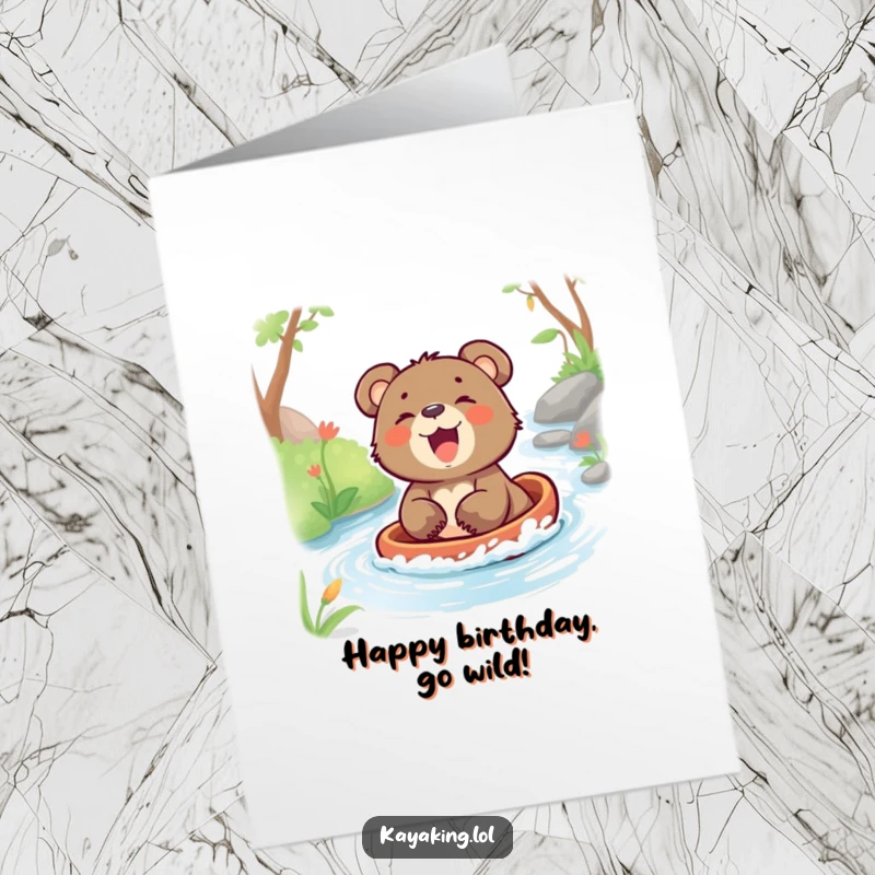 Funny Free Printable Birthday Card of a joyful bear cub laughing heartily while gliding down a stream, spreading birthday cheer.