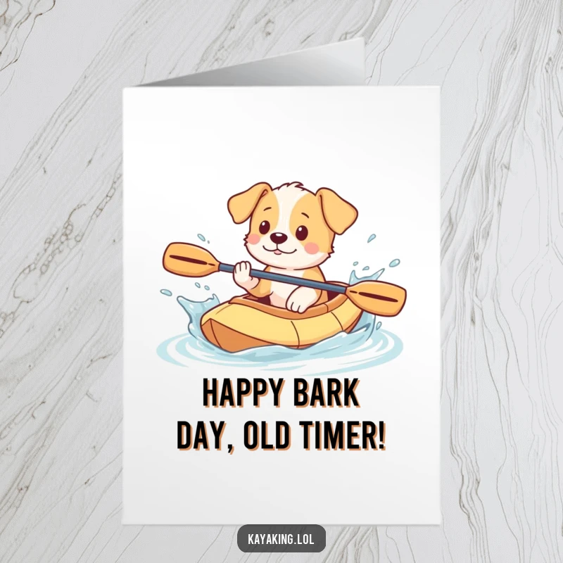 Funny Free Printable Birthday Card: Playful puppy splashing water from a kayak, a cute and hilarious downloadable greeting.
