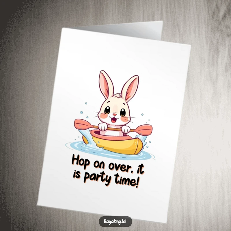 Funny free printable birthday card featuring a surprised bunny splashing water from a kayak with its paws.