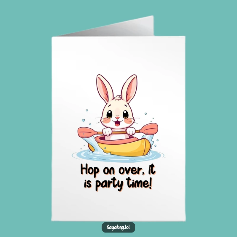 Free Printable Birthday Card: Surprised Bunny Kayaking Splash, Funny Downloadable Greeting for a Wet & Wild Day