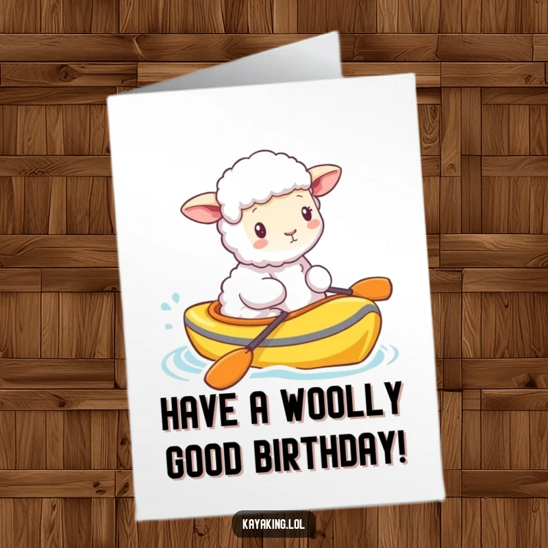 Funny Free Printable Birthday Card: A fluffy sheep happily bobs in a brightly colored kayak, wishing you a happy birthday.