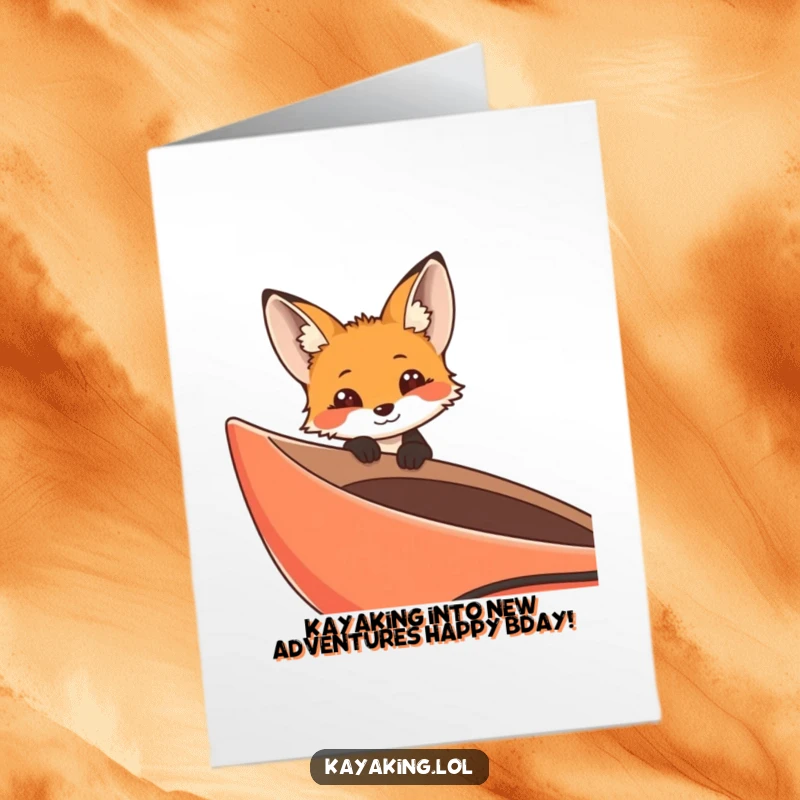 Funny Free Printable Birthday Card featuring a curious fox with wide eyes, peeking over the edge of its kayak.