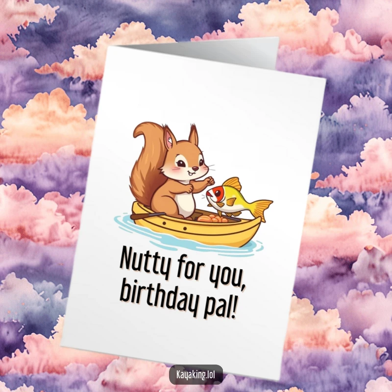 Funny Free Printable Birthday Card: Goofy squirrel in a kayak struggles to catch a fish, ready to make someone laugh.