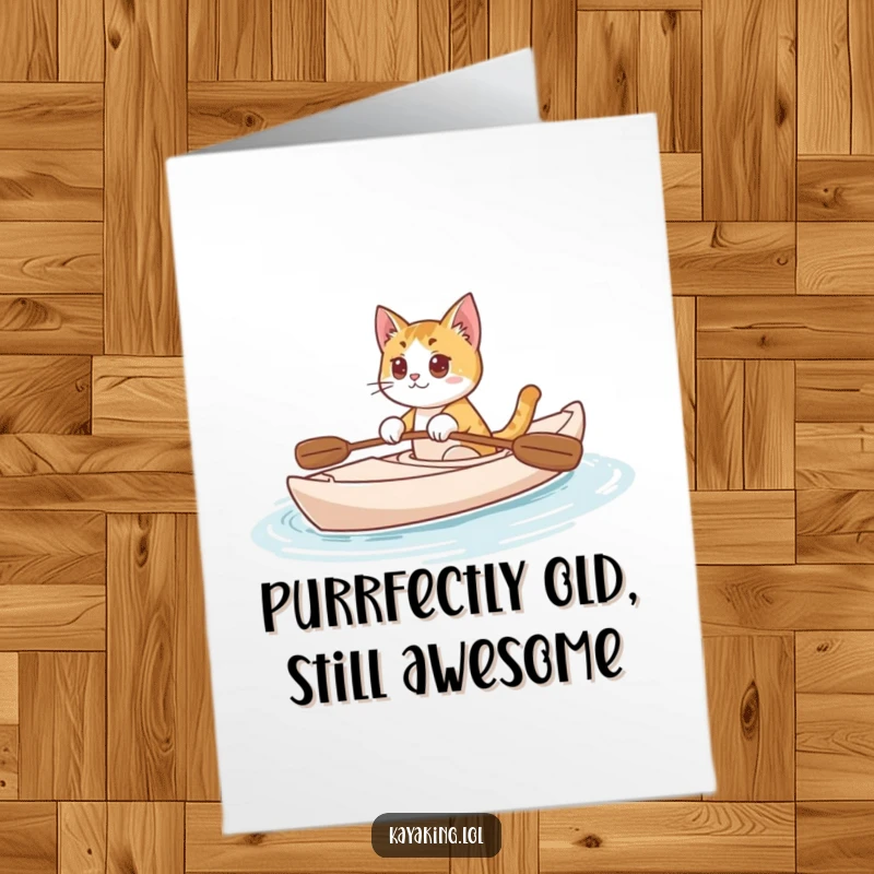 Funny Free Printable Birthday Card: Curious cat serenely kayaking, looking for adventure, a hilarious downloadable greeting.
