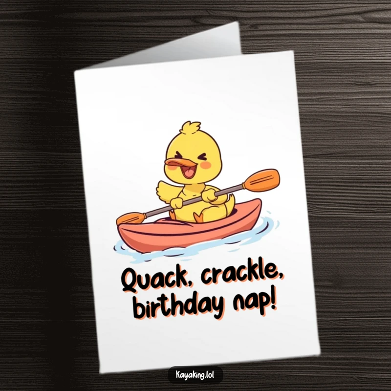 Funny Free Printable Birthday Card: Happy duck paddling kayak with sheer joy, spreading birthday cheer, downloadable art.