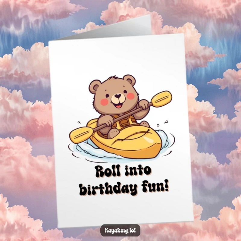 Funny Free Printable Birthday Card: Brave bear smiling while attempting kayak roll, birthday adventure, downloadable art.