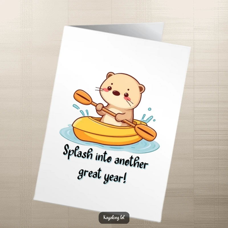 Funny Free Printable Birthday Card: Playful otter splashing water from kayak, celebrating birthday with water fun, downloadable art.