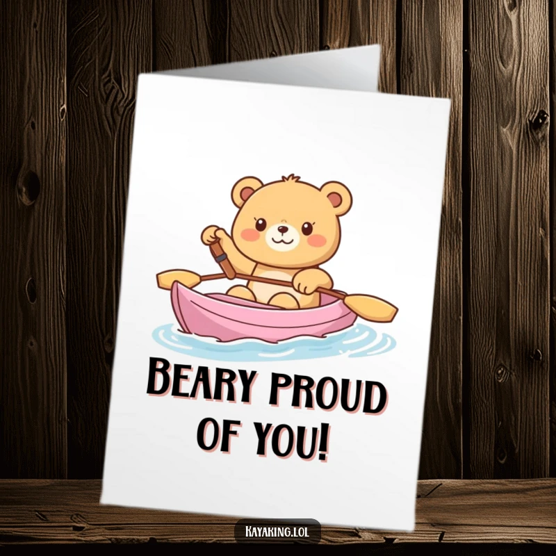 Free Printable Congratulations Card: A happy bear waves gleefully from its kayak, celebrating a wonderful achievement.