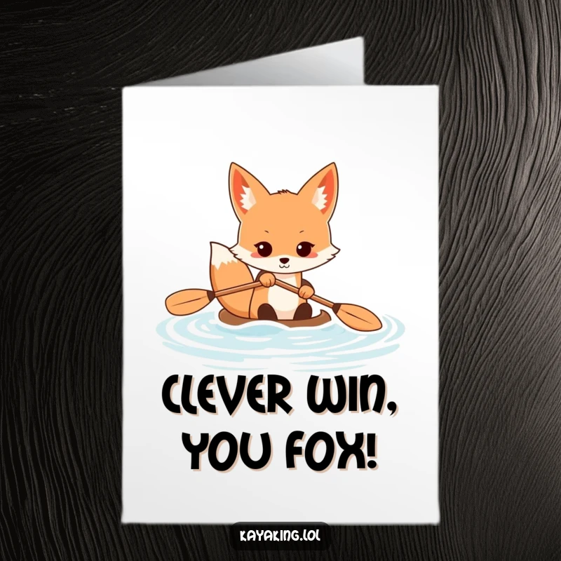 Funny Free Printable Congratulations Card: A determined fox vigorously paddling a kayak through calm, clear water.