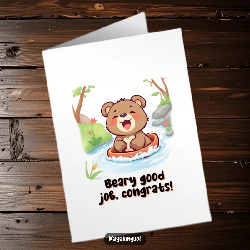 Funny Free Printable Congratulations Card showing a joyful bear cub laughing as it glides down a stream, celebrating your success.