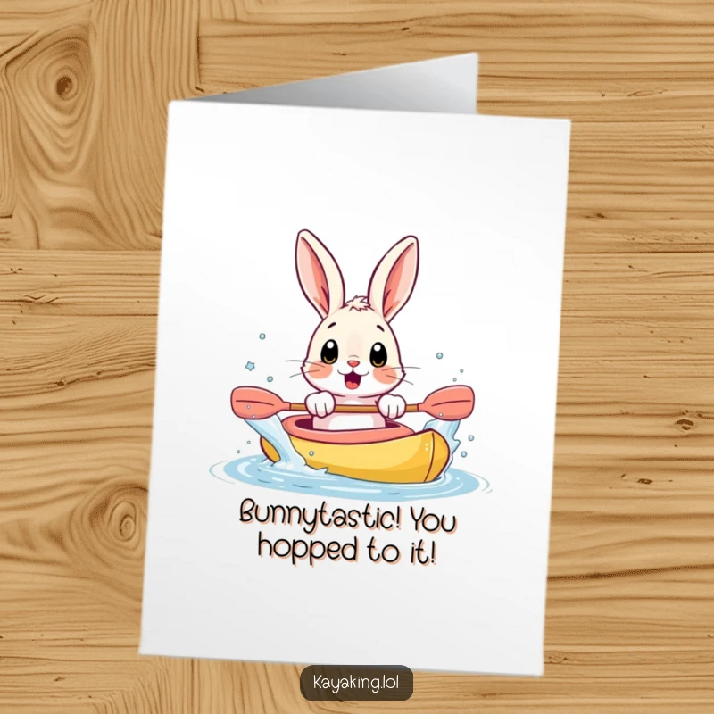 Funny free printable congratulations card showing a surprised bunny splashing water from a kayak with its paws.