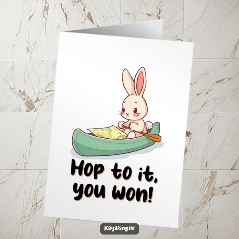 Free Printable Congratulations Card: A curious bunny examines a map in its kayak, celebrating a successful expedition.