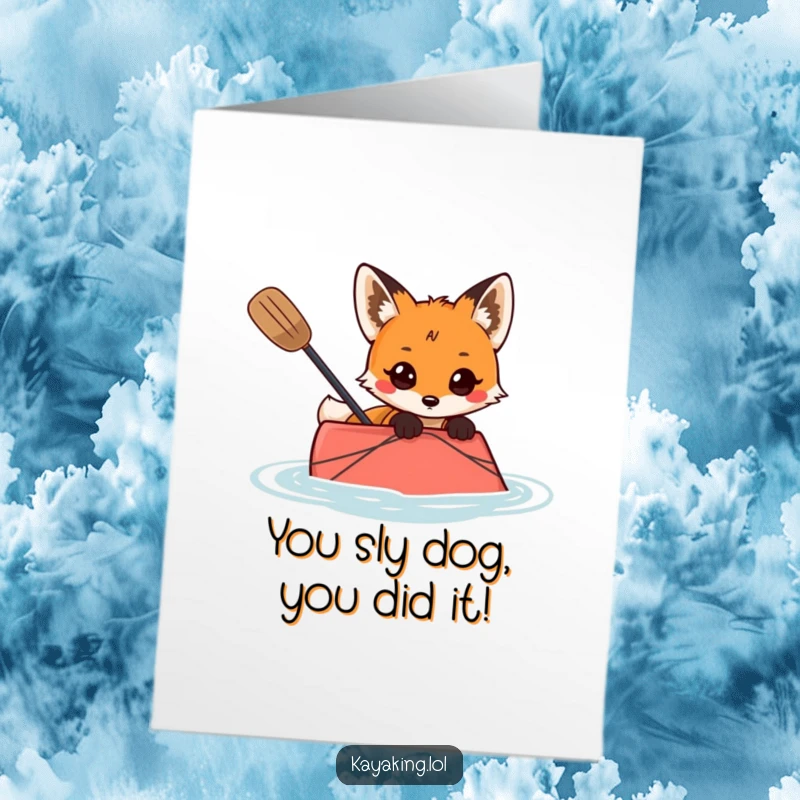 Funny Free Printable Congrats Card: Fox peeking over kayak edge with curiosity, celebrating success, downloadable art.
