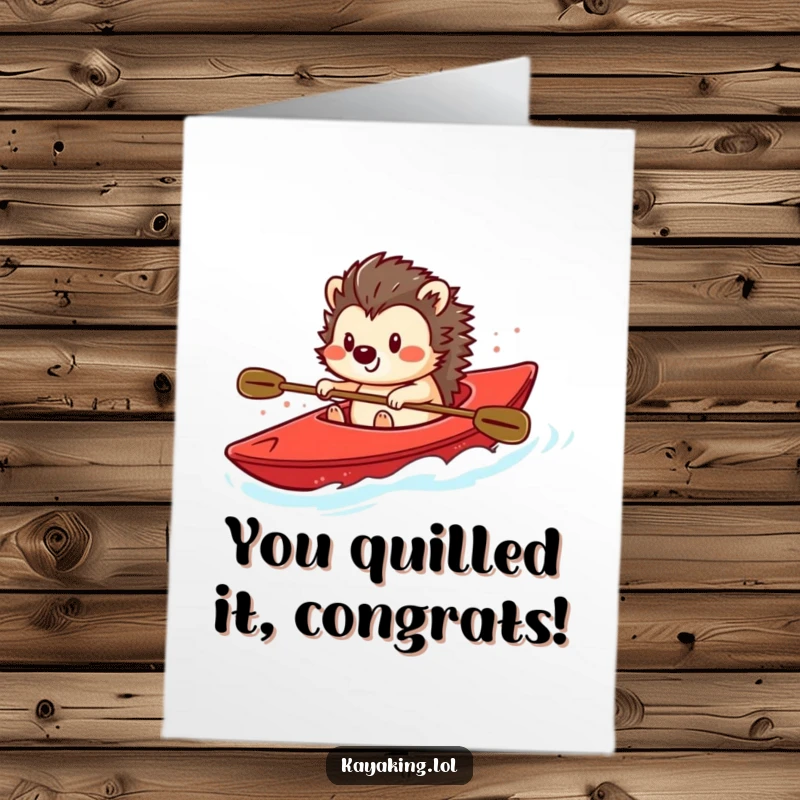 Funny Free Printable Congratulations Card: A playful hedgehog smiles while steering a bright red kayak.