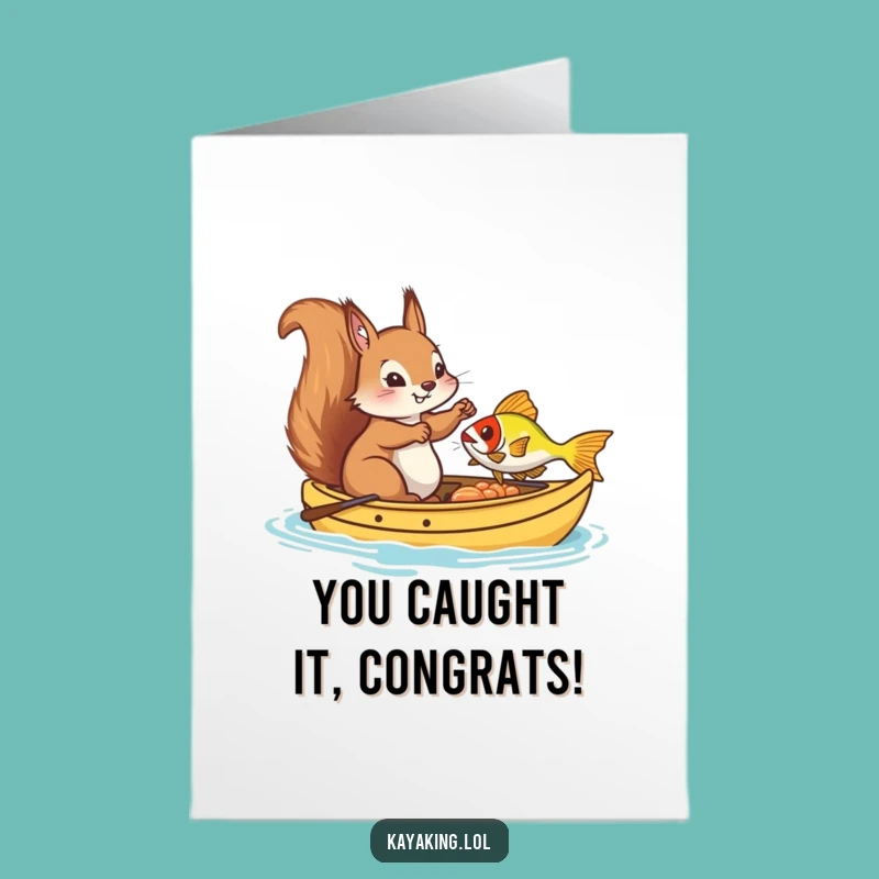 Free Printable Congratulations Card: Silly Squirrel Kayak Fishing Triumph Downloadable