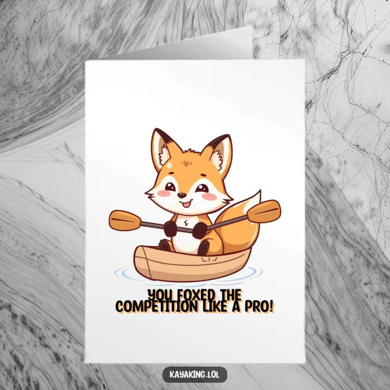 Funny Free Printable Congratulations Card: Grinning fox with sparkling eyes in a kayak, celebrating success with wit.