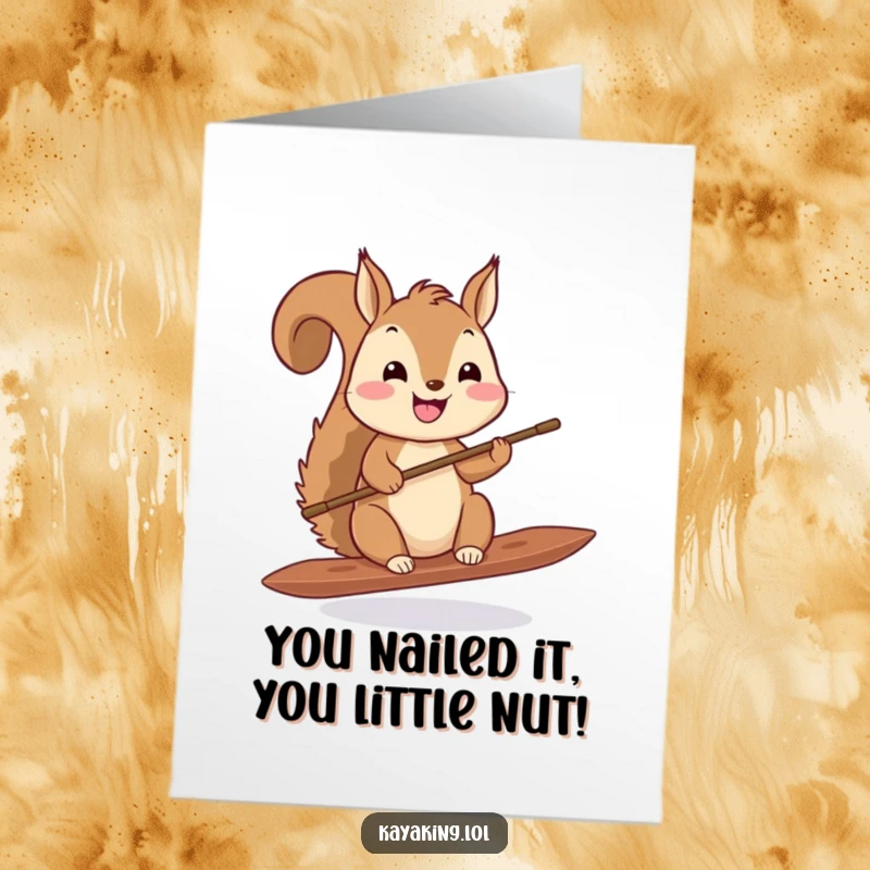 Funny free printable congratulations card: a cheerful squirrel proudly balancing a tiny paddle, celebrating a big win.